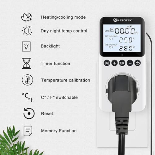 KETOTEK Plug in Thermostat Timer Temperature Controller Outlet with Backlight, Day/Night Thermostat Outlet Plug with Sensor for Reptile Terrarium Greenhouse, Digital Heating Cooling Temperature Switch - style: KT3200proBL with Backlit