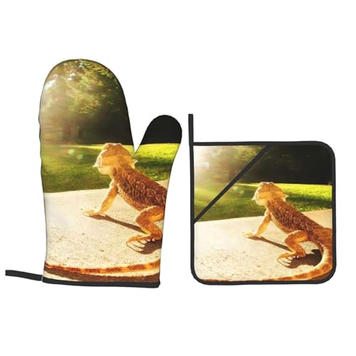 Beard Dragon Lizard Animal Reptile Heat Resistant Oven Mitts and Pot Holders Set of 4-500°f Protection Utensil Pocket for Grilling, Baking, Cooking