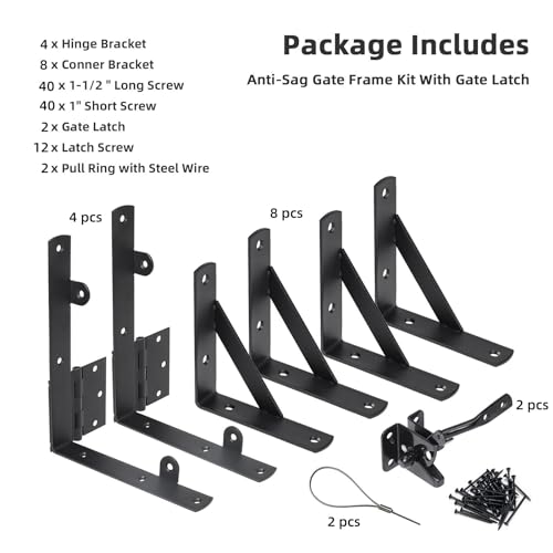 2 Sets Anti Sag Gate Kit Heavy Duty No Sag Kit Gate Corner Brace Bracket for Wooden Fence Gate with Self-Locking Gate Latch - size: Double Door Set
