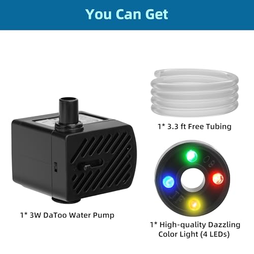 DaToo Mini Submersible Fountain Water Pump With LED Light 50GPH 3W Small Ultra Quiet Water Pump With Tubing For Aquarium Fish Tank Outdoor Pond Water Feature Fountain Statuary - size: 50GPH 3W(4 LED)