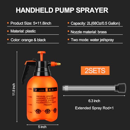 2 Set Handheld Pump Sprayers 0.5 Gallon Water Spray Bottles 2l Garden Plant Pump Sprayers with Adjustable Steel Nozzle Extended Rod for Plant Mist Watering Cleaning Spraying Fertilizing - color: Orange, size: 2L