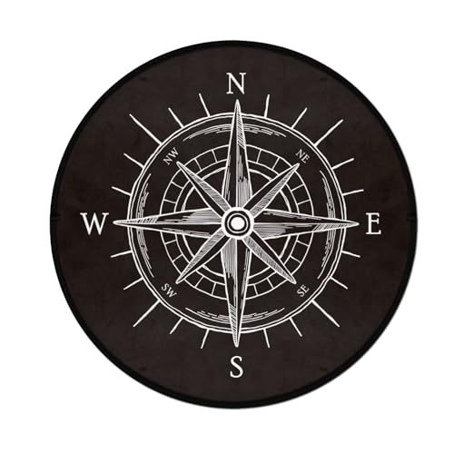 keepcute 4ft Round Compass Area Rug, Non-Slip Vintage Black Carpet | Soft touch, heat-transfer print, study room or living room decor, washable mat, easy vacuuming - color: Wind Rose Compass, size: 4' (Round)