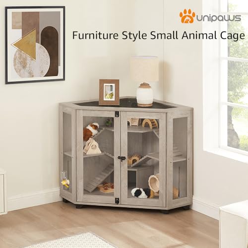 unipaws Chinchillas Hedgehog Cage with Ramp and House, Large Size | Corner Small Animal Cage, Clear Acrylic Door, Water Bottle Slot, Top Ventilation - color: Cage, size: 45.7"L x 27.1"W x 34.2"H