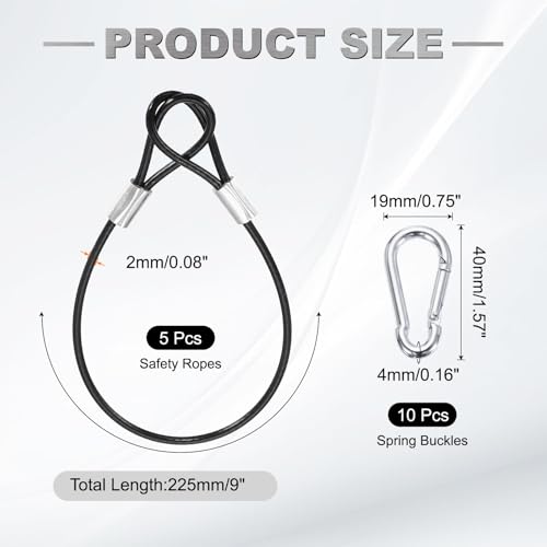 PATIKIL 9 Inch Safety Cable Lock, 5 Pcs 304 Stainless Steel Security Wire Ropes Double Loop Anti-Theft Safety with 10 Spring Buckles for Bicycles Luggage Stage Lighting, Black - color: Black, size: 9 Inch