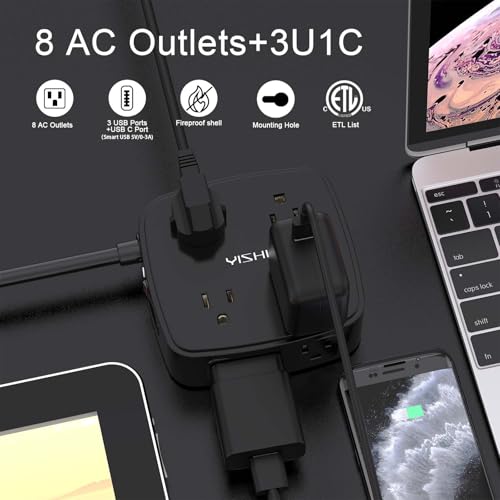 10 Ft Surge Protector Power Strip - 8 Widely Outlets with 4 USB Ports, 3 Side Outlet Extender with 10 Feet Extension Cord, Flat Plug, Wall Mount, Desk USB Charging Station, ETL, Black - color: Black, size: 10 Ft