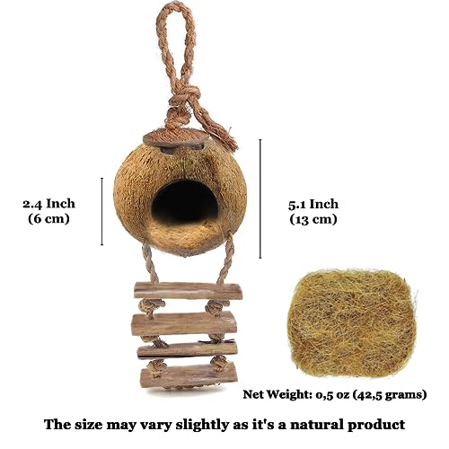 SunGrow Leopard Gecko Coconut Husk Hut with Ladder and Coco Fiber Bedding, with Shell Opening, 2.5” Opening Diameter, Cave Habitat with Hanging Loop, 1.5 oz Fiber Bedding