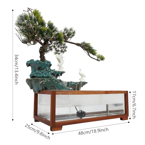 Antique-Style Tabletop Water Fountain with Fish Tank & Atomizer - Desktop Decor with Crane Statues, Simulated Pine, LED Light & Feng Shui Symbolism for Indoor Home/Office Decoration