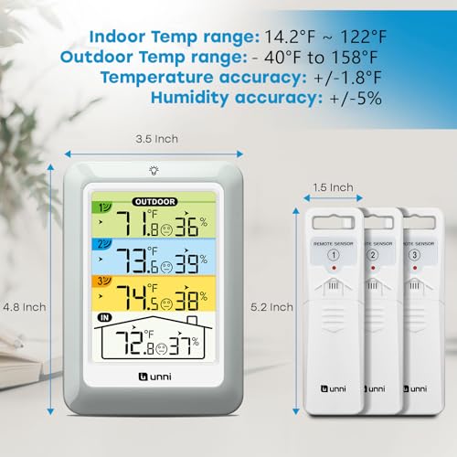 Indoor Outdoor Thermometer Wireless 4.5 Inch Display Digital Hygrometer | Temperature Humidity Monitor with 330ft Range Sensor and Adjustable Backlight with 3 Sensors (Colorful) - color: colorful