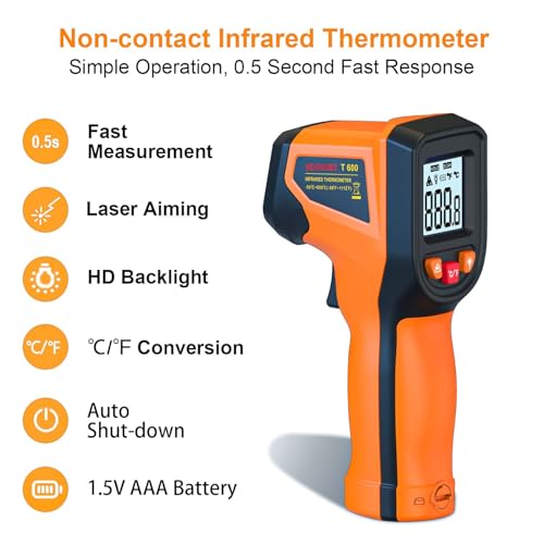 Laser Infrared Thermometer Non-Contact Digital Temperature Gun, -58℉~1112℉(-50℃~600℃) IR Thermometer for Industrial, Kitchen Cooking, Automotive, HVAC (Not for Human Body Temp) - color: Orange