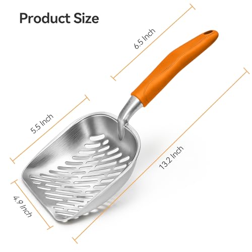 Cat Litter Scoop, Large Long Handle Kitty Metal Scooper | Heavy Duty Aluminum Deep Sifter, Ergonomic Non-Slip Grip, Rustproof Durable Poop Cleaner for Cat Litter Box - color: Orange, size: Large