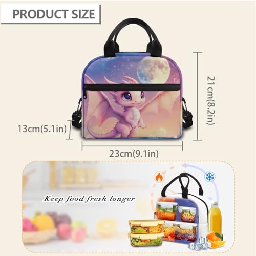 Dragon Lunch Box Kids Girl 10-12 Lunch Bag Kwaii Insulated Lunch Bag Outdoor Camping Lunchbox Cute Picnic Lunchbag with Shoulder Straps Moon Portable Lunch Boxes - color: Dragon Moon