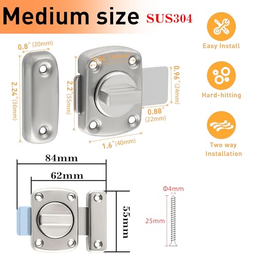 Alise Slide Bolt Latches,Medium Size Double Sided Rotate Lock for Cabinet | Rotary Switch Lock,Brushed Nickel Heavy-Duty SUS304 Stainless Steel Gate Latch For Storage Box,Shed Door, Pet House,Wardrobe - color: Brushed, size: Medium Size(SUS304 SS)