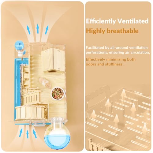 Cycodo 8 in 1 Acrylic Hamster Cage,2-Tier Dwarf Hamster Cage with Wooden Wheel & Hideout,Small Hamster Habitat with Accessories,Clear Pet Mice House(Blue,14" L*10" W*11" H) - color: Blue