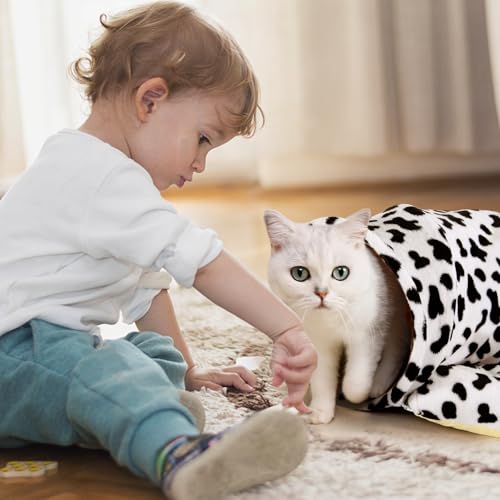 Spardar 2-in-1 Bunny Tunnel Bed, with Removable Mat Hideout, Cow | Collapsible Tunnel Tubes Toys, Washable, Interactive Toys for Rabbits, Chinchilla, Hedgehog, Guinea, Kitty - color: Cow