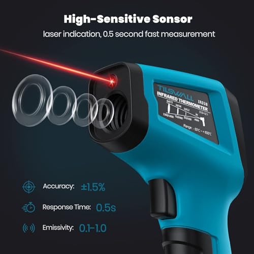 Tilswall Infrared Thermometer Gun -58°F~1112°F, Meat Thermometer Included | Adjustable Emissivity, Laser Temperature gun for Cooking/Pizza Oven/BBQ/Vehicle Repair, Not for Human(blue),W301 - color: sky blue, size: -50°C ~ 600°C(with probe)