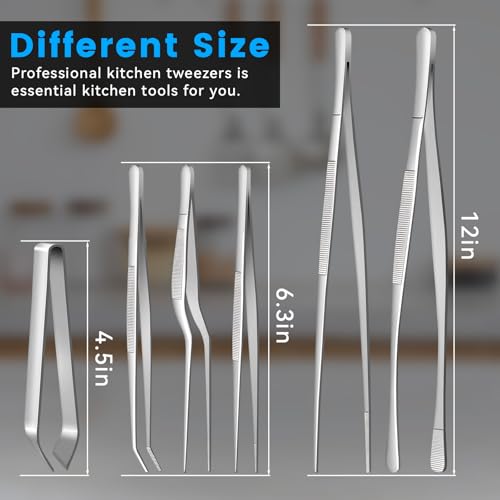 HOTEC Kitchen Tweezers Tongs Stainless Steel, Set of 6 - Professional Cooking Tweezers for Cooking, Chefs, BBQ, Seafood, Baking & Repair - color: Silver, size: 6PCS: 12, 6.3 & 4.5 Inch