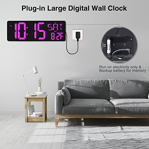 XREXS 17.2 Inch Large Digital Wall Clock with Remote Control | LED Large Display Count Up & Down Timer, Adjustable Brightness Alarm Clock with Day/Date/Temperature for Home, Office, Gym - color: Purple
