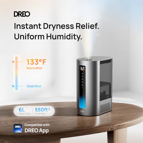 DREO 6L Smart Humidifiers for Bedroom, Warm & Cool Mist for Large Room | 60-Hour Quiet Runtime, 500ML/H Output, Smart Humidity Sensor, Indicator Light, App Control, Works with Alexa & Google, Silver - color: Silver