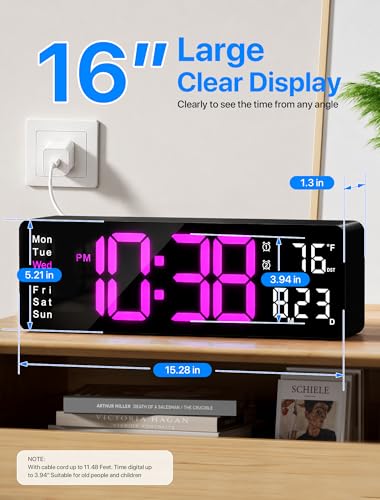 MASHI 16" Easy-Read Large Digital Wall Clock,9-Color Night Light,Auto-DST | remote control,10 dimming levels,large display for time,dateand temp,Ideal plug-in wall clock for living room and seniors - color: Rose Red