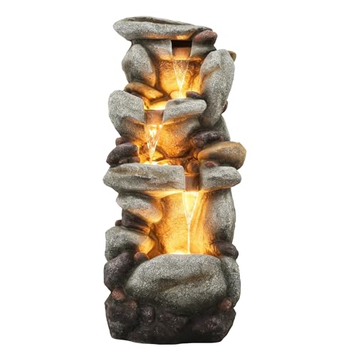 Utym 40" H Oversized Pebbles Rock Outdoor Fountain with Warm LED Lights | 3-Tier Extra-Large Stacked Pebbles River Waterfall with Cascading Water Feature for Garden Patio Yard and Backyard - color: 40"-natural Pebbles Gray
