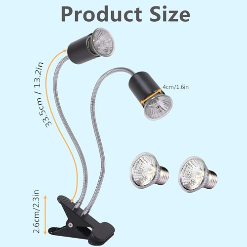 Reptile Heat Lamp with Dual Head, UVA UVB Light for Aquarium Turtle Tank, with 2 * 50w Basking Bulb and 360° Swivel Clamp Stand for Tortoise, Snake, Frog, Lizard. Halogen, Yellow Light - color: Lamp Holder B Dual Head +2 Bulbs
