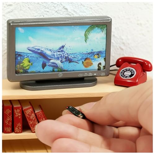 1:12 Scale Miniature TV, Remote and Retro Telephone Set, Blue Ocean Style Collector Display Accessories for Miniature Living Room Diorama, Adult Hobby Decor (Blue(Ocean)) - color: Ocean Tv