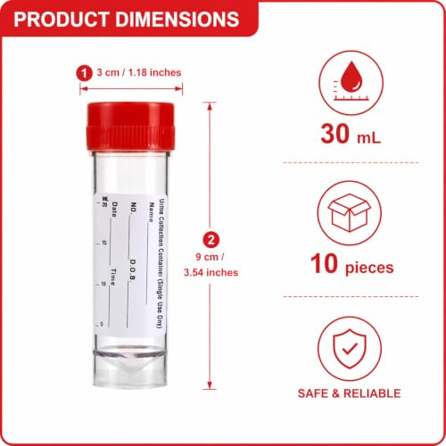 10 Pack Sterile Specimen Cups with Lids, 30ml Leakproof Sample Containers Kit, Individually Wrapped, Disposable Urine Collection Cups with ID Stickers, Urine Sample Cups for Medical Sample Testing
