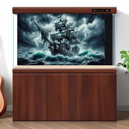 Haunted Black Pearl Pirate Ship Aquarium Background Huge Horrible Waves Lighting Ripped Sales Stormy Sea Ocean Fish Tank Background Broken Ship Skull Sail Terrarium Backgrounds for Tank Decors 24x12in - color: Misty Dark, size: 24(W)x12(H)inches/ 60(W)*30