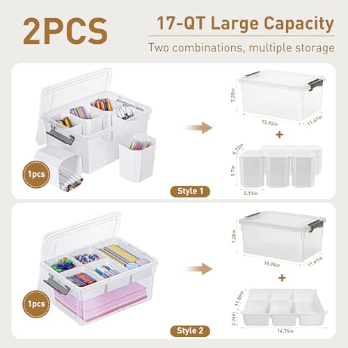 Citylife 17QT 2Packs Clear Craft Organizers and Storage Bins with Lids | Stackable Art Supply Organizer with Tray and 6 Inserts for Markers, Crayons, Pencils, Tools, Playdoh, Coloring Books - size: 17 Qt- 2 Pack- W