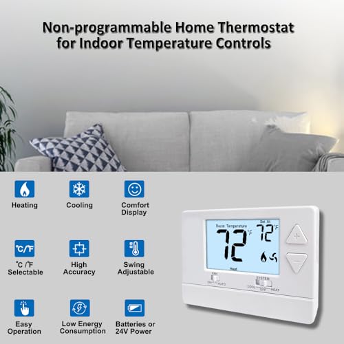 NonProgrammable Thermostat for Home,Single-Stage Systems,Digital Energy-Saving Thermostat,1 Heat/1 Cool, Easy DIY Install, White Backlight - color: White