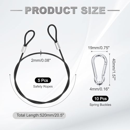 PATIKIL 20.5 Inch Safety Cable Lock, 5 Pcs 304 Stainless Steel Security Wire Ropes Double Loop Anti-Theft Safety with 10 Spring Buckles for Bicycles Luggage Stage Lighting, Black - color: Black, size: 20.5 Inch