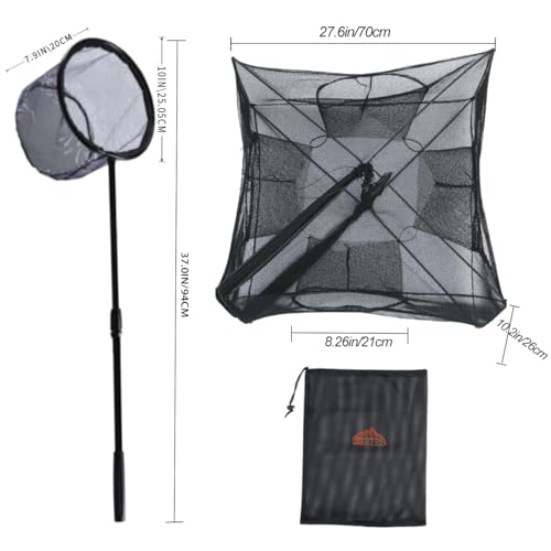 Fishing Bait Trap Collapsible Fish Bucket Net Lightweight Aluminum Pole Non-Slip Handle Catch Small Fish Crab Crawfish Cage 4 Hole