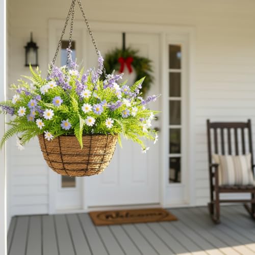 18 Bundles Artificial Plants Outdoor, Fake Lavender Daisy Flowers | UV resistant fake plants and faux flowers with lavender daisies greenery for planters porch garden home decor - color: Daisy & Lavender - Purple White