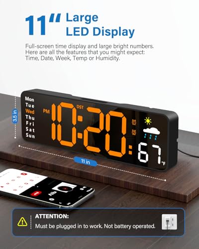 Digital Wall Clock, Digital Clock Large Display with Remote Control, Corded LED Alarm Clocks with Date, Week, Temp, Humidity, Auto DST, Countdown, for Living Room Bedroom Classroom Office (Orange) - color: Orange