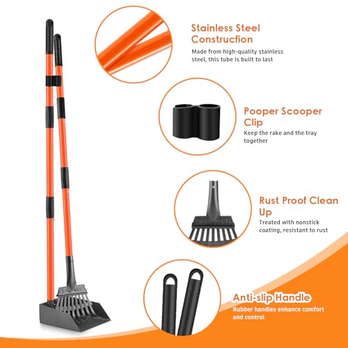 Pooper Scooper, Long Handle Dog Poop Scooper for Medium Small Dogs | Heavy Duty, Pet Supplies Metal Tray Rake, Stainless Steel, Rust-Resistant,37"+ Handle No Bending, Use on Grass Dirt Gravel - color: Orange, size: Medium