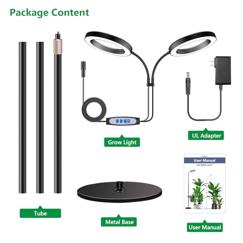 Aumtrly 2 Head Grow Light Full Spectrum, Black, with 68" Adjustable Stand | 6/12/16H Timer, 5 Dimming Level, 168 LED Halo Design, Flexible Gooseneck, Metal Base, Floor Growing Lamp for Large Tall Plant - size: 2 head 68inch/black