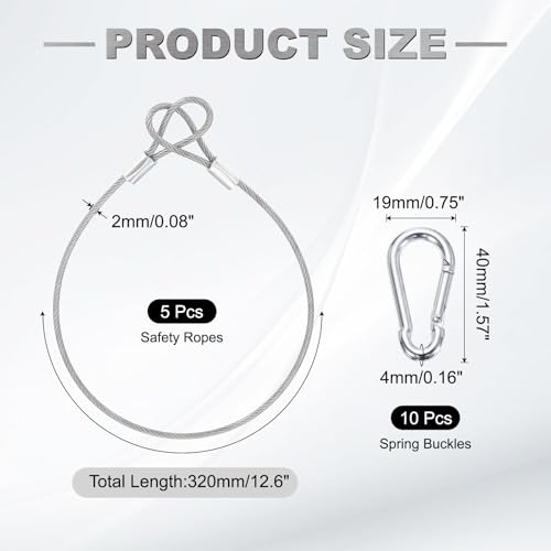 PATIKIL 12.6 Inch Safety Cable Lock, 5 Pcs 304 Stainless Steel Security Wire Ropes Double Loop Anti-Theft Safety with 10 Spring Buckles for Bicycles Luggage Stage Lighting, Clear - color: Clear, size: 12.6 Inch