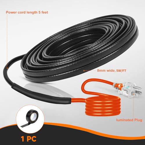 Heat Tape for Water Pipes Roof & Gutter Snow De-Icing 15FT | Heat Cable 5 Watts Per Foot, Water Line Heat Tape Keeps Water Flowing at -40°F 5W/FT, 120V 15 Feet - size: 15FT