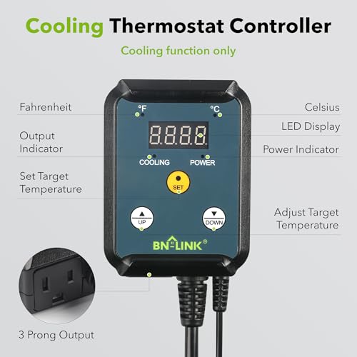 BN-LINK Digital Cooling Thermostat Temperature Controller Plug Outlet | Thermal Switch For Attic Fan, Exhaust Ventilation Fan, Cooling Devices, Greenhouse, Garage, Brewing,40-108°F 8.3A 1000W, ETL