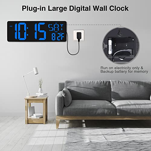 XREXS 17.2 Inch Large Digital Wall Clock with Remote Control | LED Large Display Count Up & Down Timer, Adjustable Brightness Plug-in Alarm Clock with Temperature for Home, Gym, Office - color: Blue