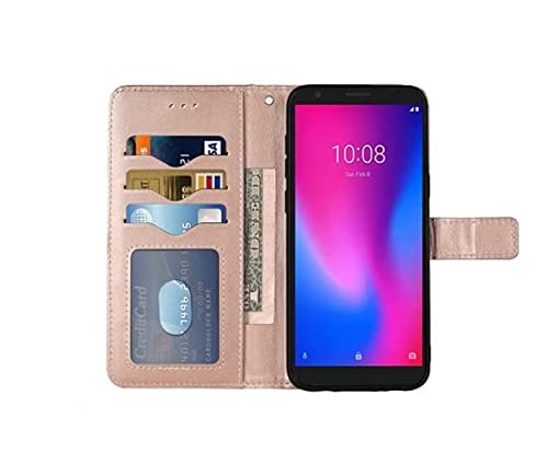 PT Wallet ID Credit Card Holder Cover Phone Case Accessories Compatible for Cricket Outlast U680AC + Gift Stand (Rose Gold)