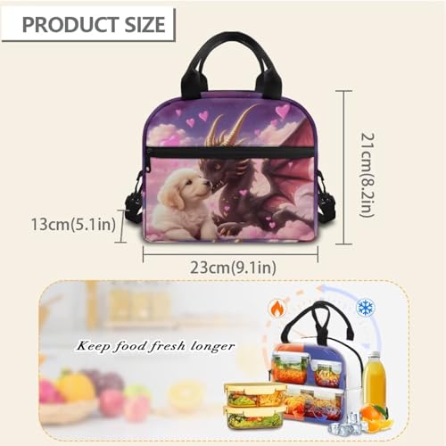 Dragon Lunch Box Girls Golden Retriever Lunch Bag Heart Insulated Lunch Box Outdoor Camping Lunchbox Picnic Lunchbox with Shoulder Straps Student Lunch Boxes - color: Dragon Golden Retriever