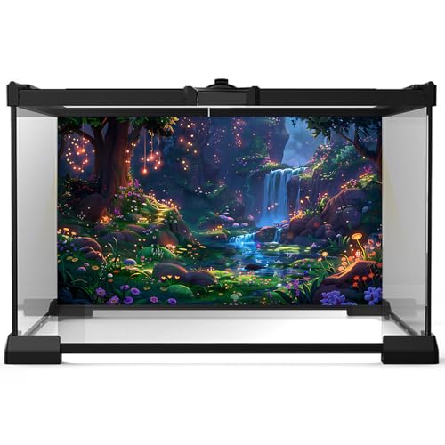 Waterfall Jungle Aquarium Background Fantasy Magic Forest Landscape Rainforest Style Fish Tank Background Tropical Flowers Mushrooms Stream Cascading Falls Reptile Tank Enclosure Backgrounds 24x12in - color: Purple_Blue, size: 24(W)x12(H)inches/ 60(W)*30c