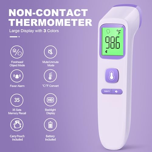 No-Touch Thermometer for Adults, Kids, Babies, 1-Sec Fast Accurate (Purple) | Fever Alarm, Large LCD with 3-Color Backlight, Silent Mode, 35-Reading Memory, Forehead & Object Mode, for Home & Clinic - color: Purple