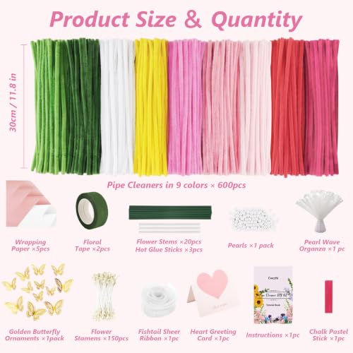 Cwczhi 600 PCS Pipe Cleaners Craft,9 Assorted Colors Pink Pipe Cleaner Flower Kit,Chenille Stems Bulk with Instructions,Floral Wires,Stamen,Wrapping Paper& Ribbon,Art and Craft Supplies - color: pink-1