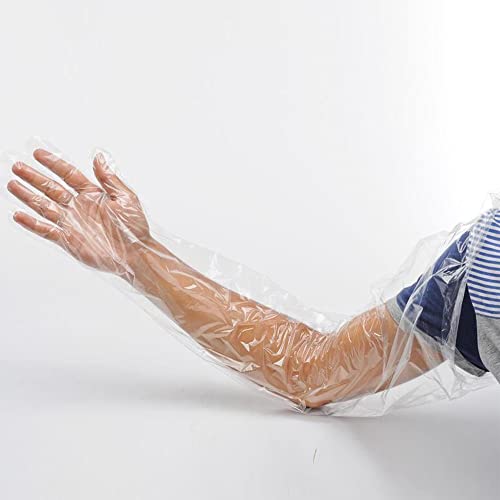 50Pcs Veterinary Insemination Rectal Long Gloves Disposable Plastic Full Arm 35.5 Inch with (Free 20 Rubber Bands) for Field Dressing House Cleaning Gardening
