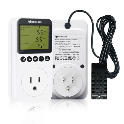 KETOTEK Digital Humidity Controller Outlet Plug with Sensor Probe, 120V Humidistat Controller Plug for Reptile Mushroom Greenhouse, Humidity Switch Outlet