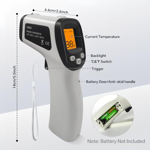 Infrared Thermometer Gun, Digital Laser Temperature Gun -58°F to 1022°F, Adjustable Emissivity, LCD Backlight, MAX/MIN Display, Non-Contact Thermometer for Pizza Oven, BBQ, HVAC, Griddle - color: Gray(-58℉-1022℉)