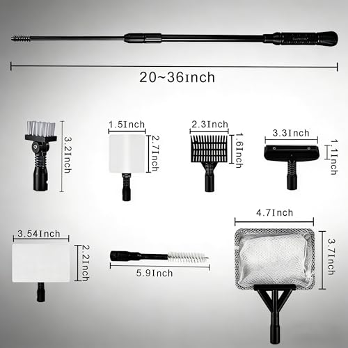 Carefree Fish 6IN1+1 (2026 New Upgrade Edition) Aquarium Cleaning Tools Long Handle Adjustable Length 20~36Inches Fish Tank Cleaner Kit Algae Scraper Scrubber Brushes Set - size: 20~36In