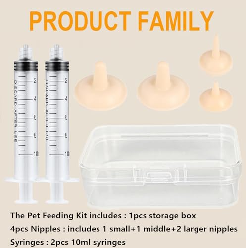 Pet Feeder Syringe, Newborn Animal Feeder Syringe Pet Feeding Nursing Syringe Silicone Feeding Pacifier,Pet Feeding Nipple for Kitten and Puppy (2x10ml Feeder &1S+1M+2L Nipples)